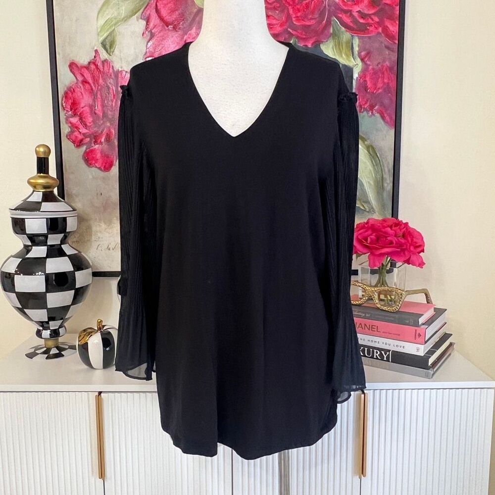 Chico's Women's Touch of Cool Chiffon Pleated Bell Sleeve Top Black Size 2 Large